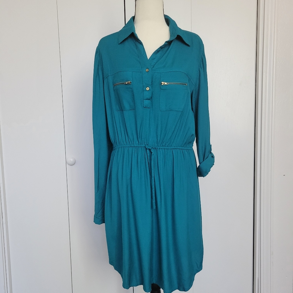 FUN & Flirt Collared Teal Dress Large Roll tab sleeves zippers